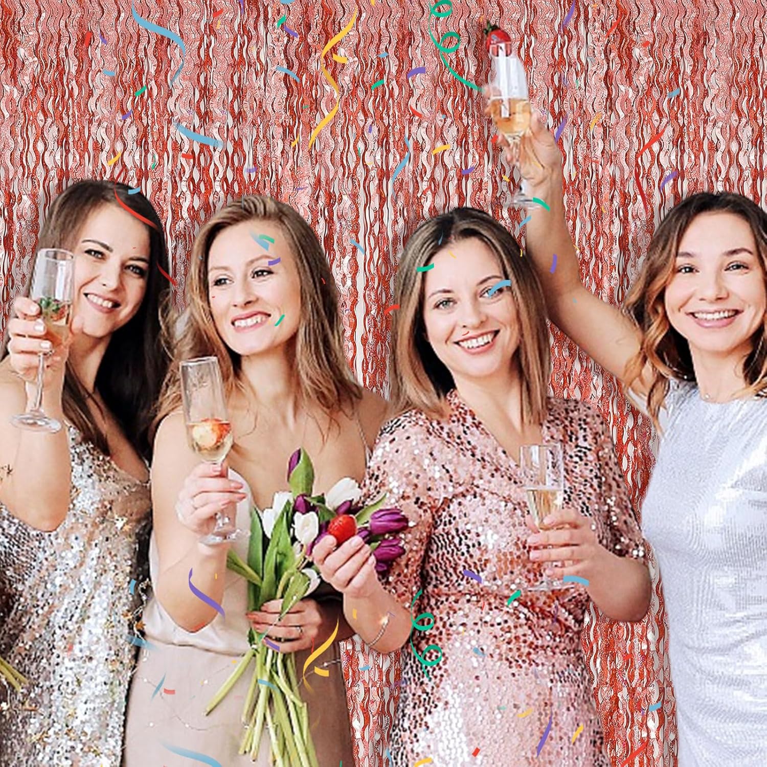Rose Gold Tinsel Foil Fringe Curtains - Sparkling Wavy Backdrop for Parties & Events | Photo Booth Decor