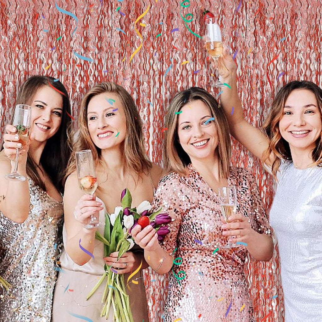 Rose Gold Tinsel Foil Fringe Curtains - Sparkling Wavy Backdrop for Parties & Events