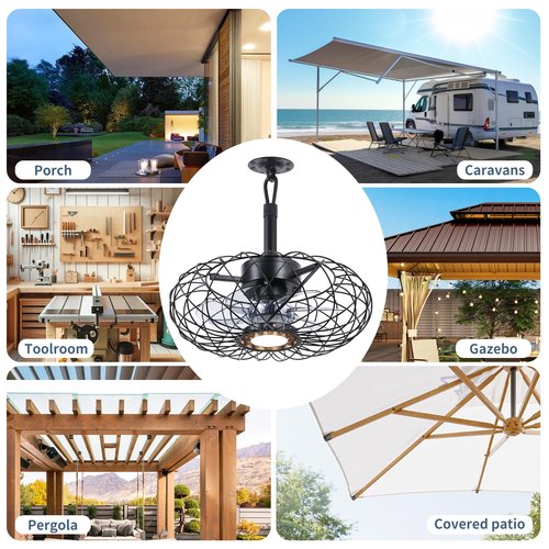 Miuyhji Black Outdoor Ceiling Fans with LED Light, 15" Waterproof Gazebo Fan Plug in Caged Industrial Fandelier Ceiling Fan with Remote, 6 Speeds Adjustable Height Fan for Bedroom Living Room Pergola