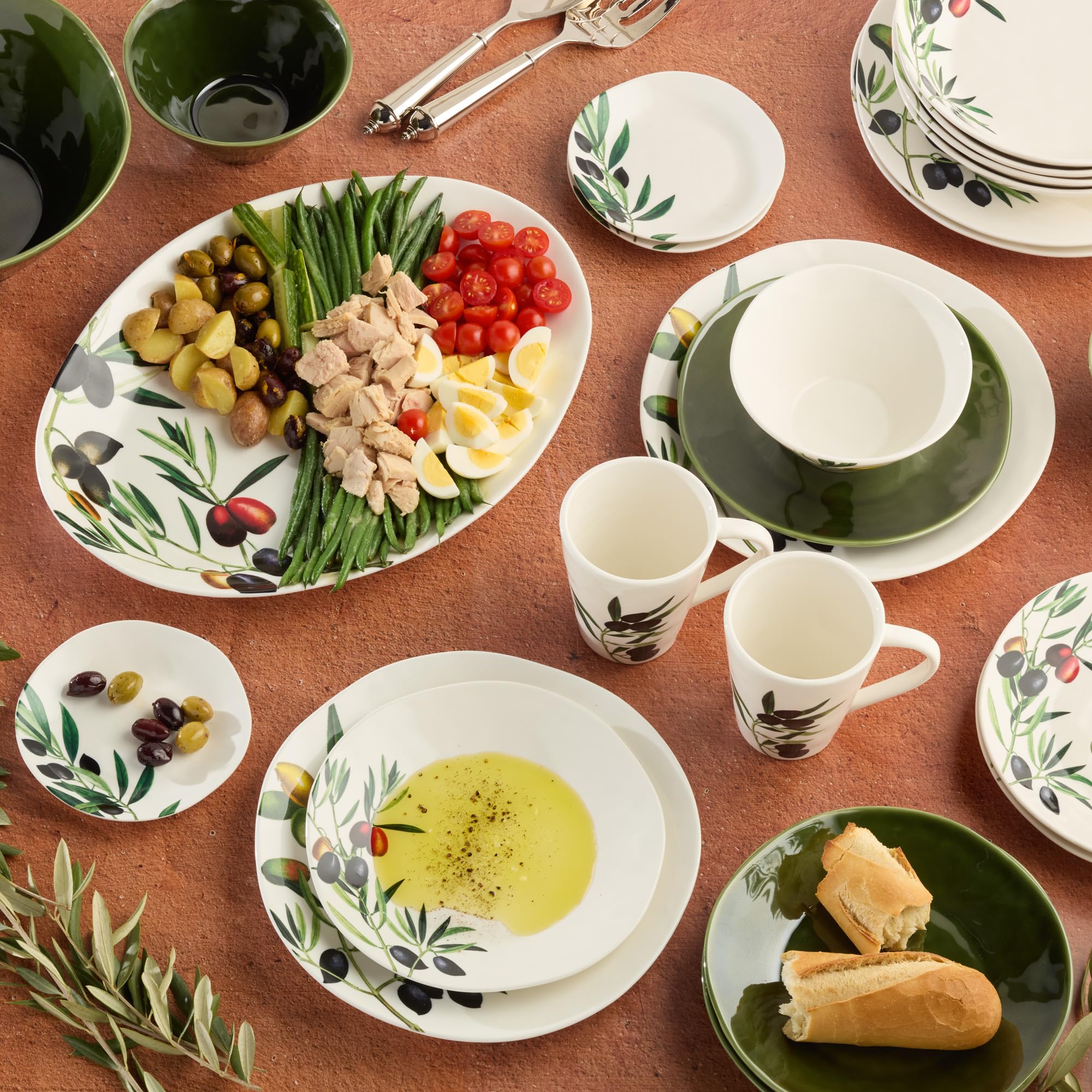 Olivia 128-Ounce Stoneware Large Serving Bowl - 13-Inch Mediterranean Olive Branch Design with Elegant Colors, Perfect for Pasta, Soup, Salads, and Family-Style Dishes
