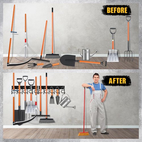 ELEAD 68'' All Metal Garden Tool Organizer - Adjustable Wall Mount with Black Hooks for Garage Storage