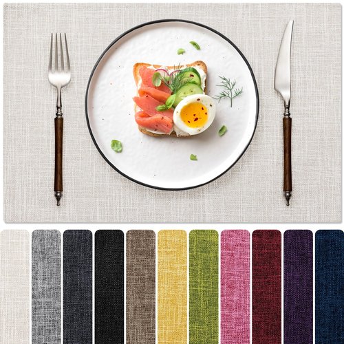 Blue Forest Placemats Set of 8, Dual-Layered Thickened Faux Linen Cloth Place Mats Heat Resistant Machine Washable Wrinkle Free Table Mats Indoor/Outdoor (Cream Beige)