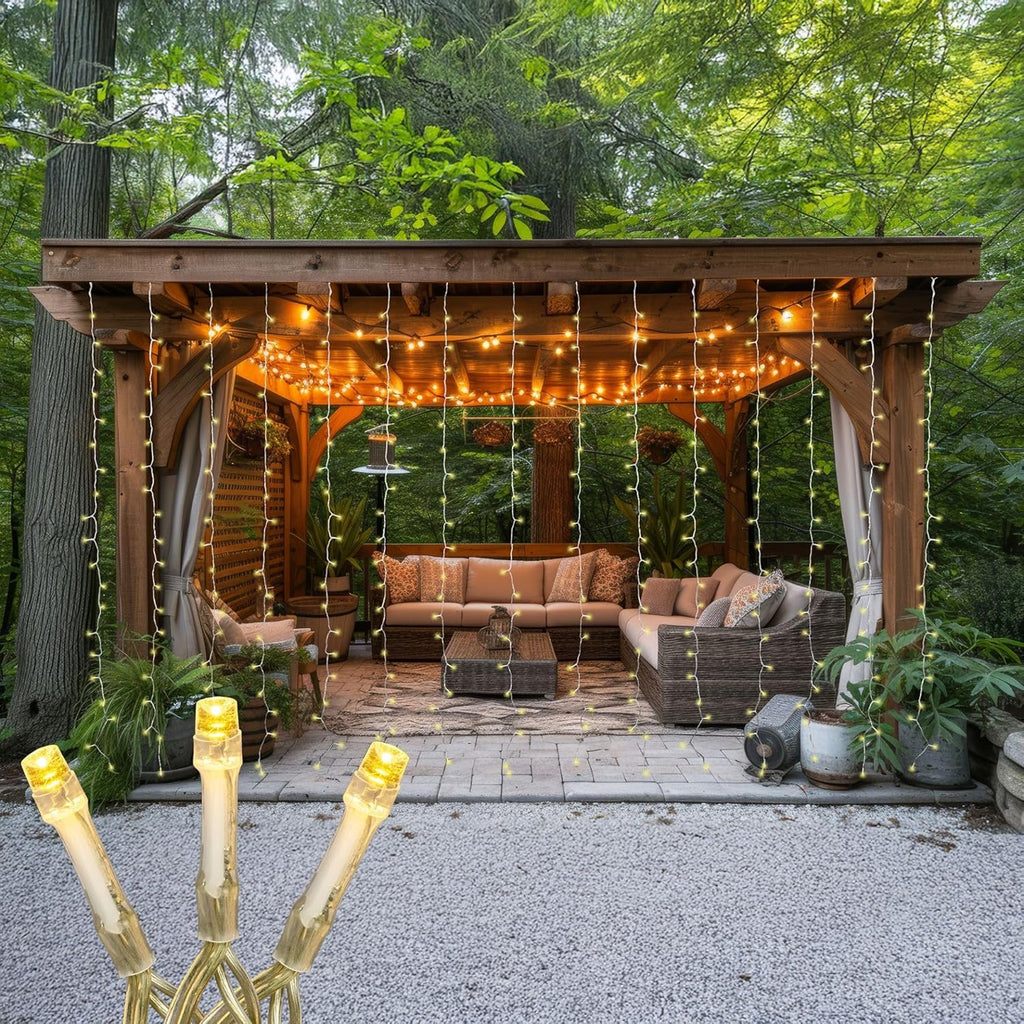Novelty Lights LED Curtain Light Set - 300 Warm White LEDs | 8 Functions, Clear Wire Design