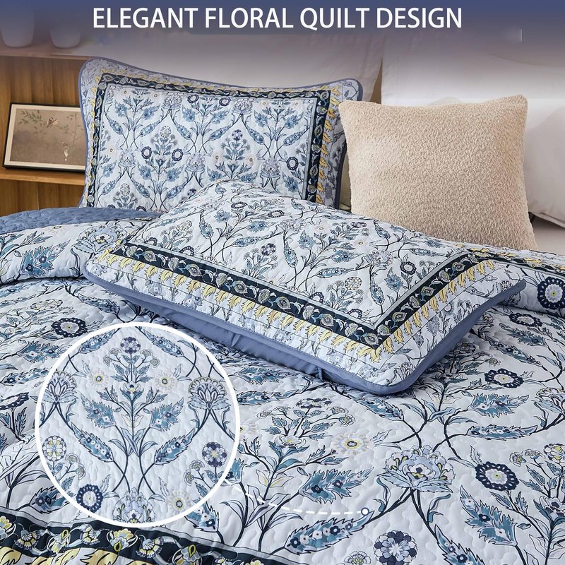 DJY King Size Quilt Sets, Navy Blue Floral Quilt Set King 3 Pieces Boho Bedspread Coverlet Set with 2 Pillowcases Soft Lightweight Microfiber Bedding for All Season (90"x104")