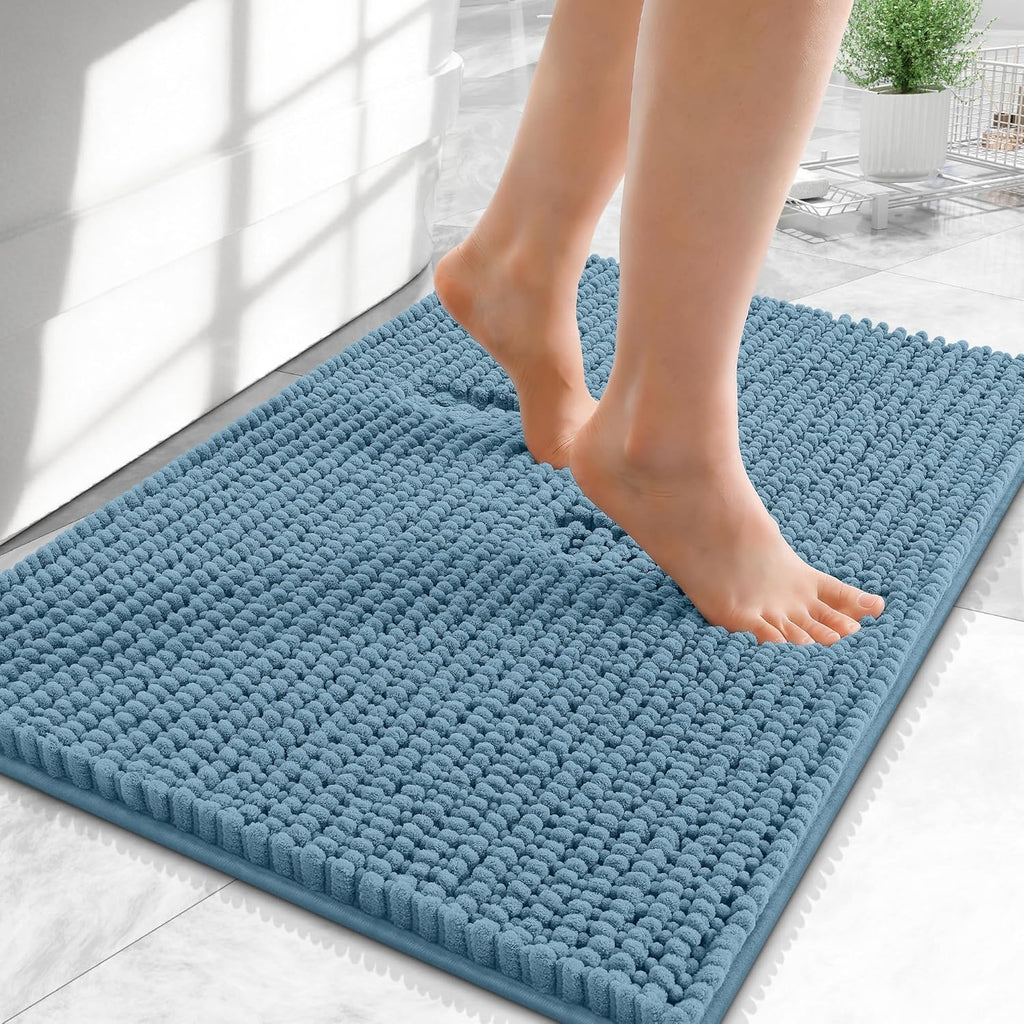 OLANLY Thick Bathroom Rugs - Extra Soft Chenille Mats with Rubber Backing | 24x16, Airy Blue
