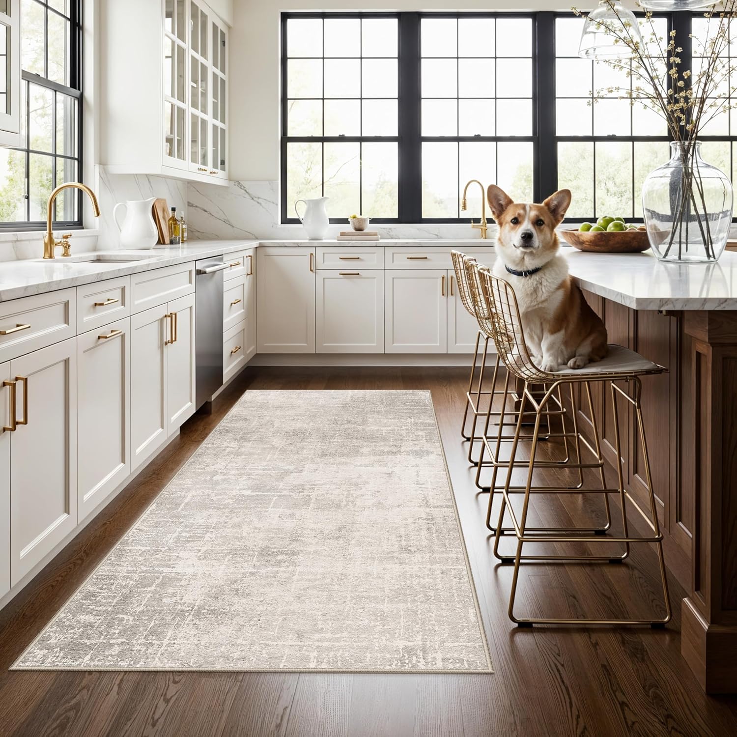 Skiennix 4x6 Area Rug - Washable Abstract Non-Slip Carpet for Living Room, Kitchen & Office | Beige/Cream