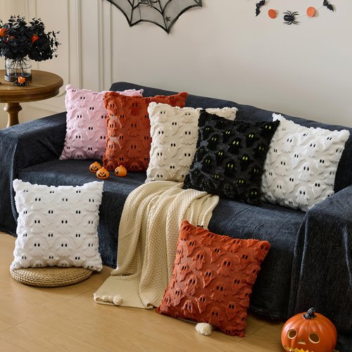 YOSICHY Halloween Decorations Pillow Covers 18x18 inch Set of 2 Beige Ghost Throw Pillow Cases Soft Plush Faux Fur Wool Decorative Cushion Case for Sofa Couch Bed Chair Living Room Home Decor