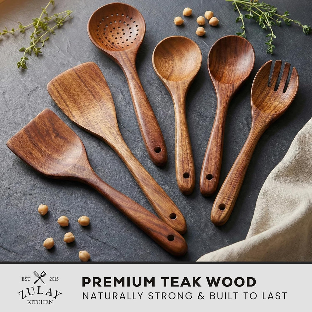 Zulay Kitchen Wooden Cooking Spoons Set - 6 Durable Teak Utensils with Comfort Grip, Easy to Clean