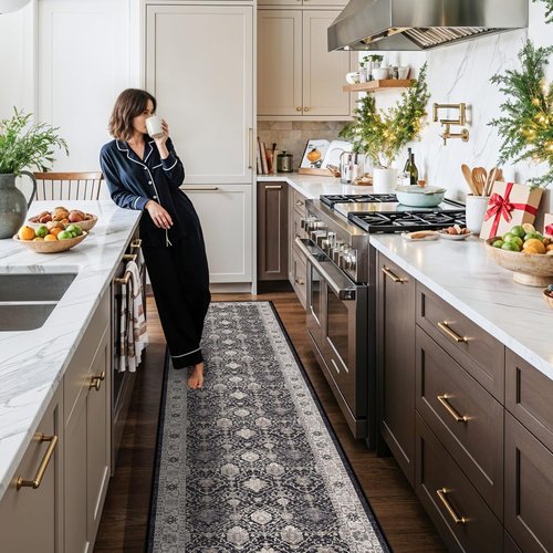 Hallway Washable Runner Rug - Vintage Soft Non-Slip Indoor Carpet for Entryway | 2'6'' x 12', Black
