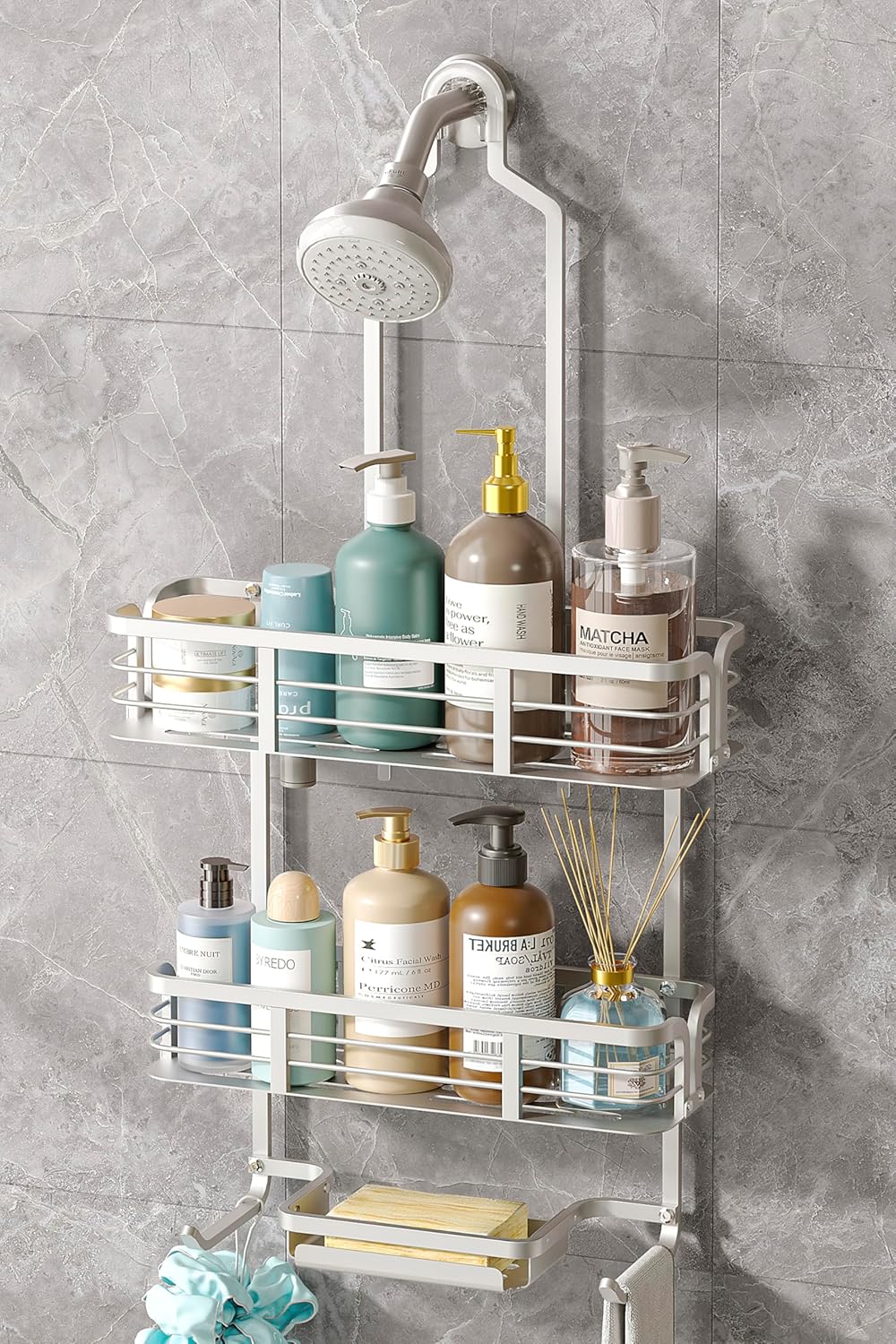 Never Rust Aluminum Shower Caddy by [Brand Name] - Over Showerhead Organizer with Soap Holder & Multi Hooks | Silver