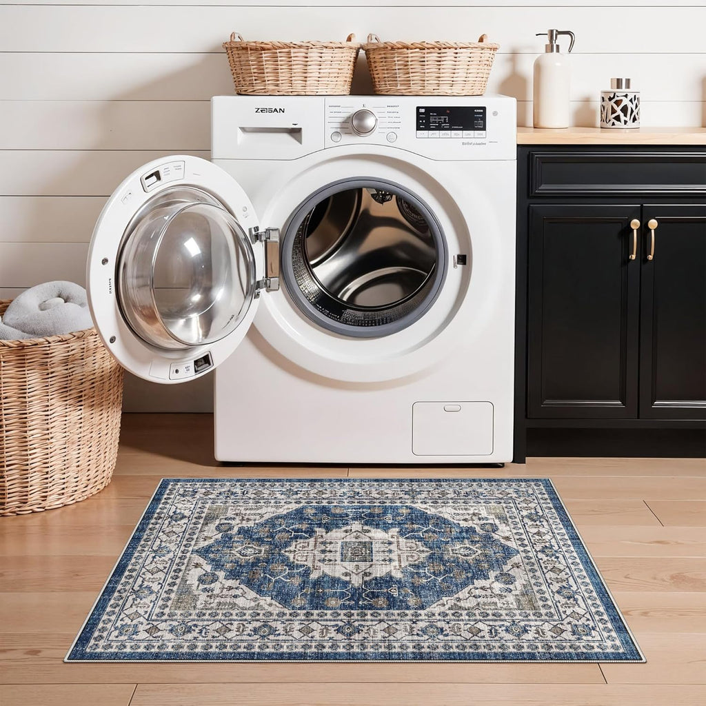 Skiennix Vintage Area Rug - Washable Indoor Soft Entryway Mat with Non-Slip Backing | 2x3, Blue