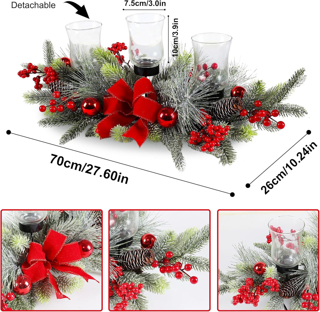 Regine Switzerland Red Christmas Table Centerpiece - Cedar Decoration with 3 Candlestick Glass Cups & Red Berries for Holiday Parties