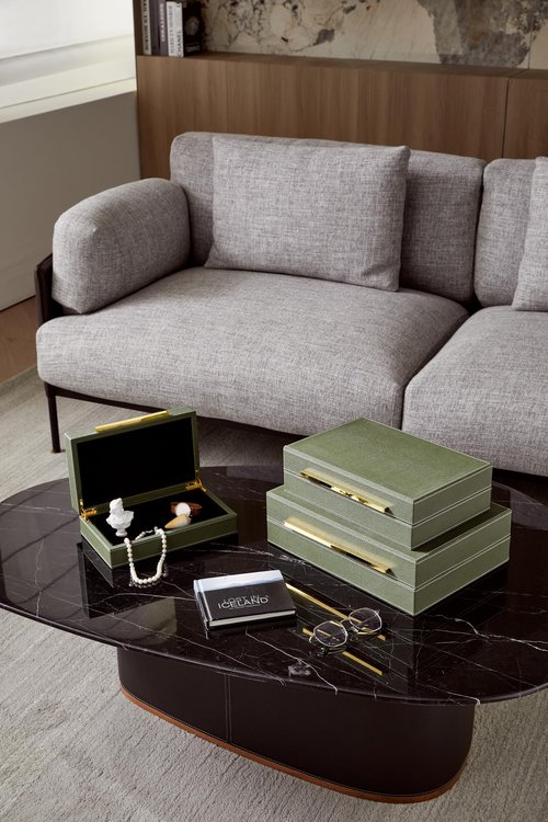 Goodinough Green Shagreen Decorative Boxes with Lids Set of 3 - Large Leather Stacking Storage Boxes for Home Decor, Gold Metal Handle Remote Control Box, Modern Jewelry Box for Shelves, Coffee Table