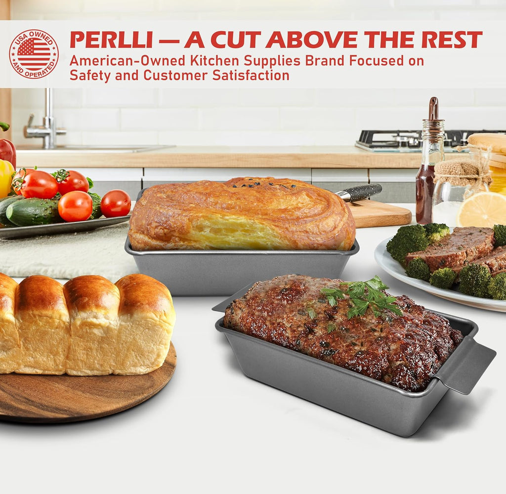 PERLLI Nonstick Meat Loaf Pan with Drip Tray - 9.8 x 5.7 In. High-Carbon Steel, BPA-Free, Perfect for Baking & Roasting