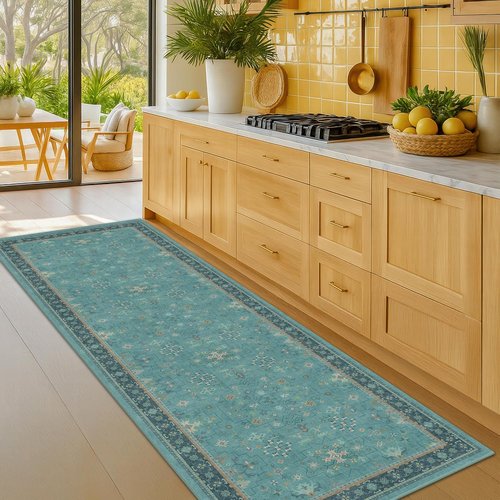 Boho Hallway Runner Rug - Teal 2'6"x10' Washable Indoor Mat with Non-Slip Rubber Backing