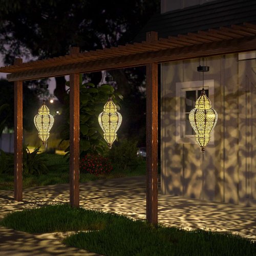 Hapjoy Moroccan Solar Lanterns - Waterproof Outdoor Garden Decor | Bidirectional Gold Design (1, Gold)