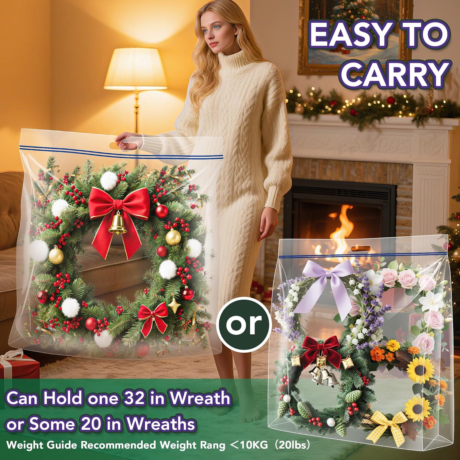 Skiennix Extra Large Clear Wreath Storage Bag - Durable Plastic with Handle | 34"x34"x8.5" | 4 Pack for Holiday Decor & Bedding