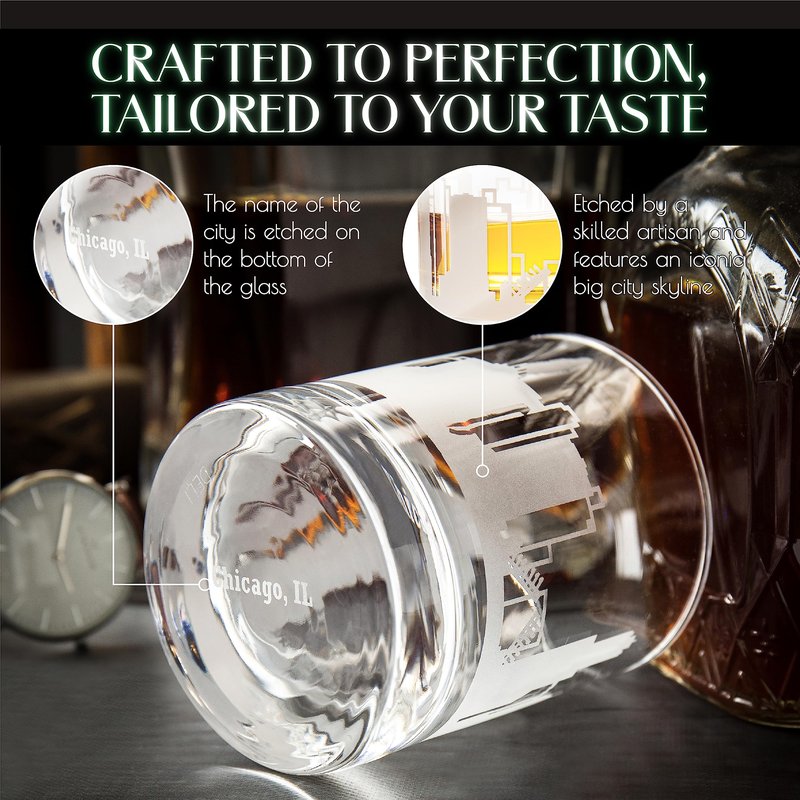 Greenline Goods Whiskey Glasses – 10 oz Drinkware for Chicago Lovers (Single Glass) - Etched with Chicago, IL Skyline - Premium Decorative Glassware