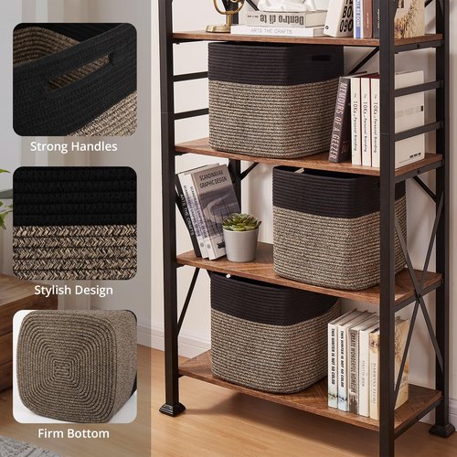 OIAHOMY 13 Kallax Inch Cube Storage Bins, 3-Pack Cotton Rope Woven Baskets for Organizing, Kallax Insert Storage Baskets for Shelves, Baby Nursery, Closet Organizer, 13*13*12.6IN, Black & Mixed Brown