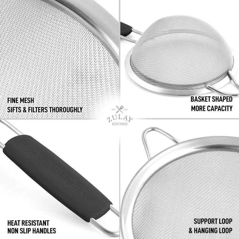 Zulay Kitchen Premium Stainless Steel Fine Mesh Strainer Set - Strainers For Kitchen (Set of 3) With Non-Slip Handles - Includes A Small, Medium & Large Fine Mesh Sieve Set - Durable Metal Strainer