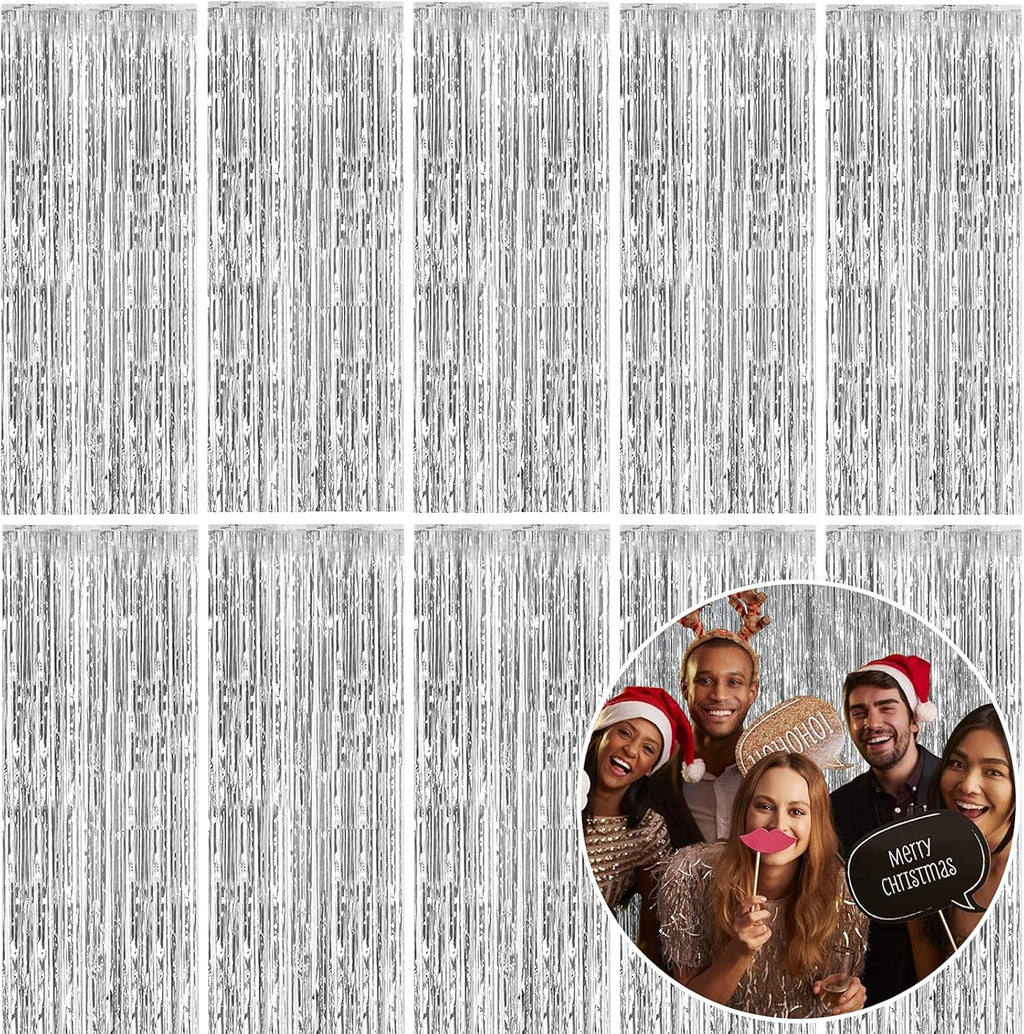 Skiennix Foil Curtain Backdrop - Silver Metallic Tinsel Fringe for Parties & Events | 10 Pack