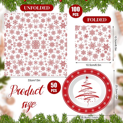 Yiyiring 150 Pcs Christmas Paper Plates and Napkins, 50 11 Inch Christmas Tree Disposable Oval Plates and 100 13 Inch Snowflake Napkins for 50 Guests Dinnerware Winter Party Supplies
