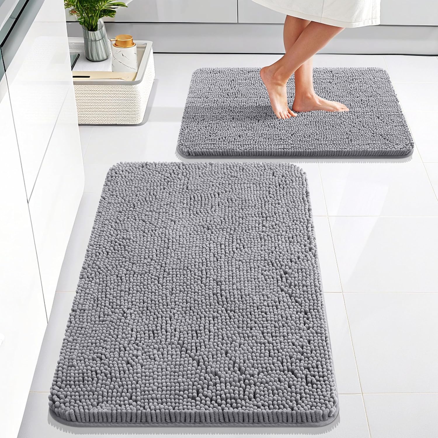 OLANLY Bath Mats Set - Soft Absorbent Chenille Rugs | Non-Slip, Quick Dry, Machine Washable (Grey, 30"x20"+24"x16")