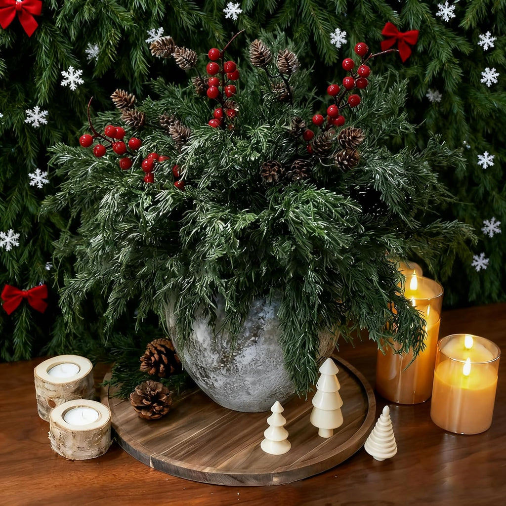 Skiennix Faux Cedar Stems - Realistic Norfolk Pine Branches for Christmas Decor | 12 Stems + Berries + Pinecones