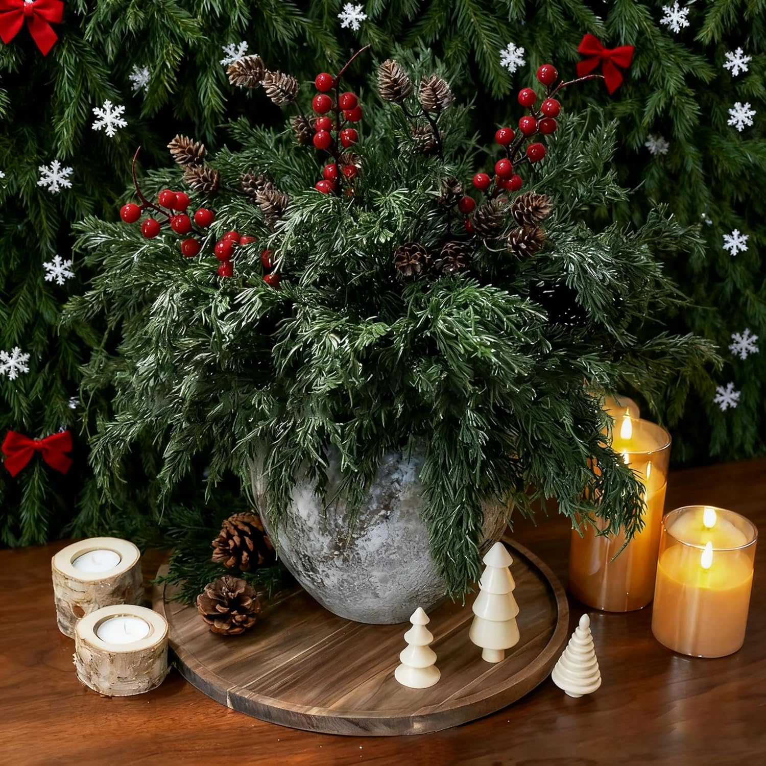 Skiennix Faux Cedar Stems - Realistic Norfolk Pine Branches for Christmas Decor | 12 Stems + Berries + Pinecones