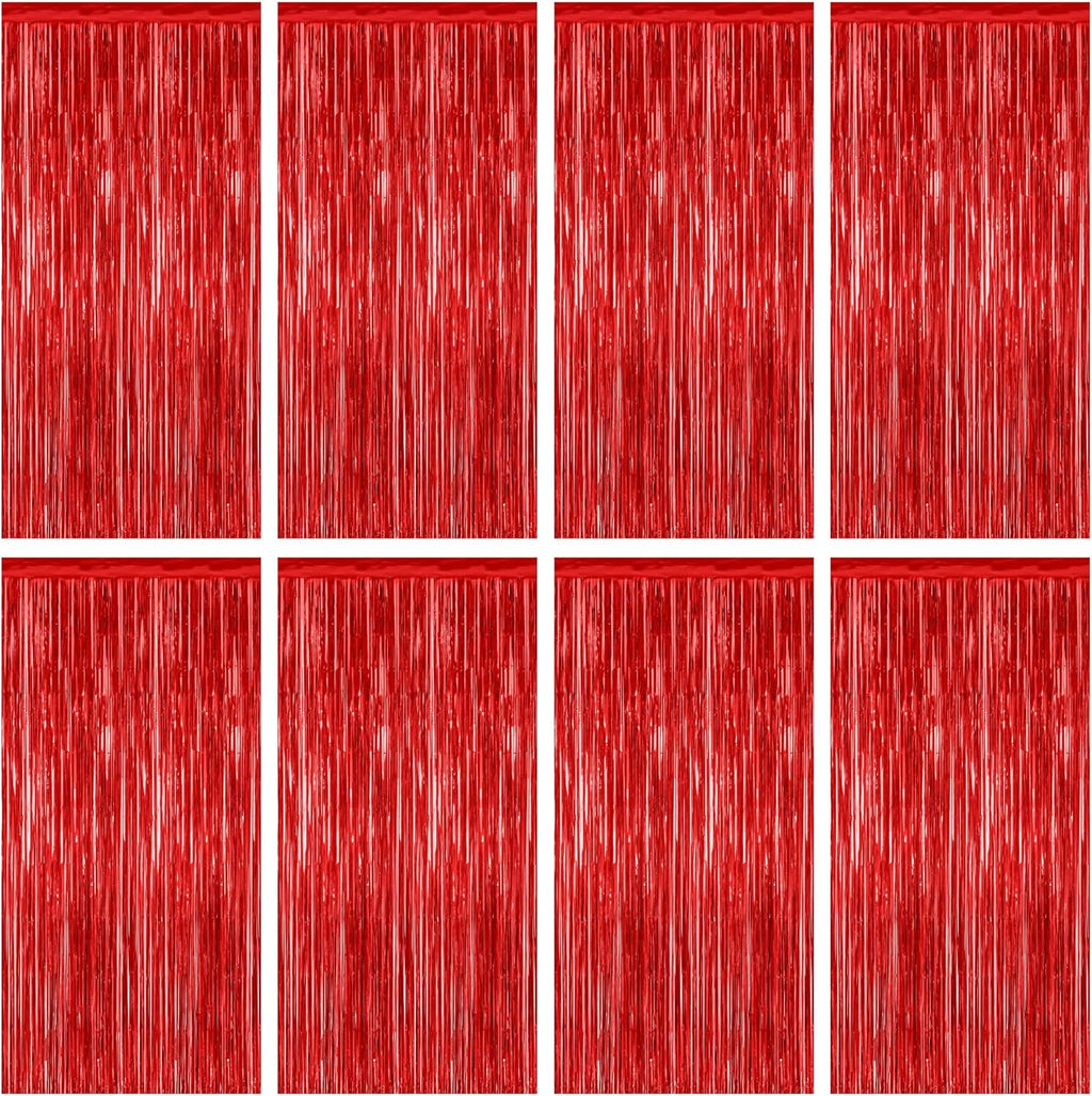 Regine Switzerland Red Backdrop - 8 Pack Metallic Foil Fringe Curtains | 3.28 FT x 7.05 FT Party Decor