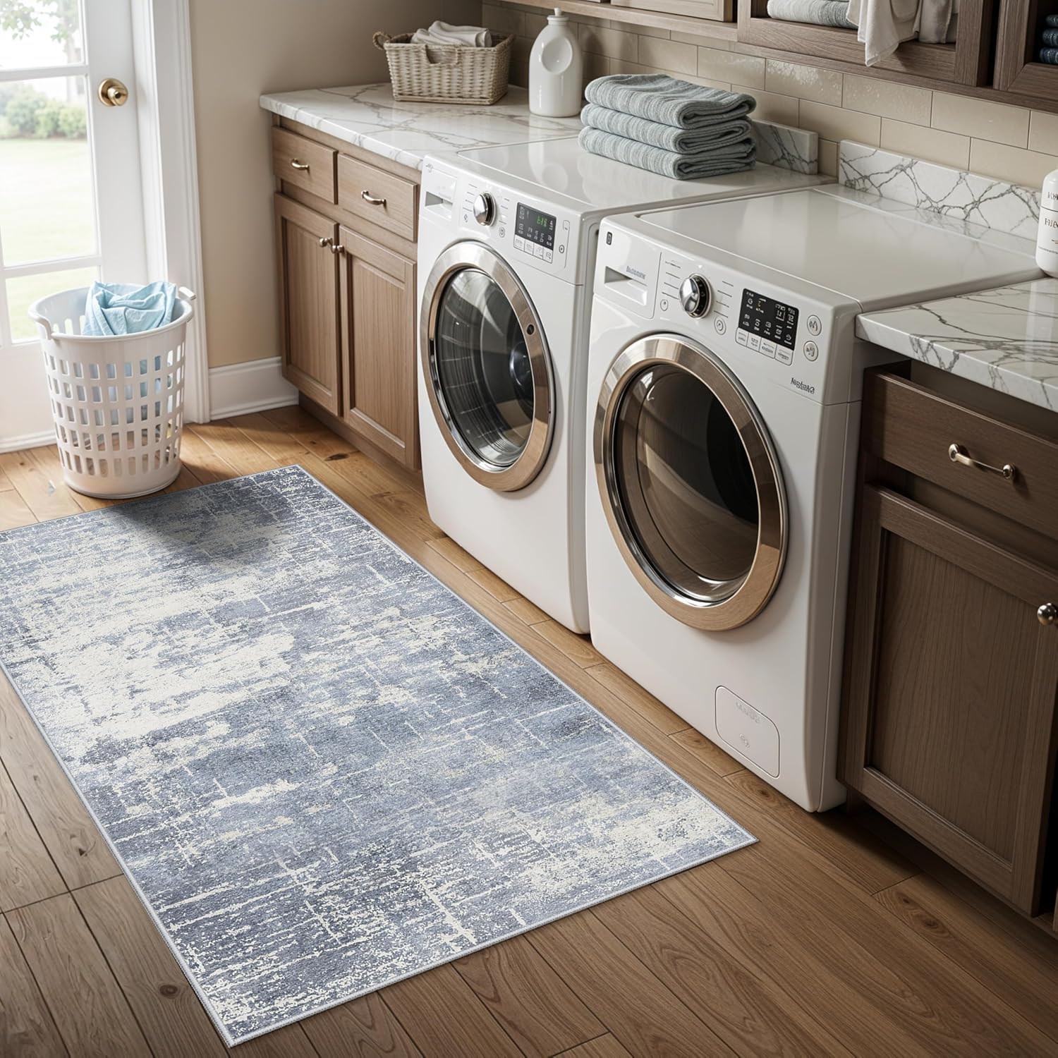 Skiennix Washable Kitchen Area Rug - Abstract Stain-Resistant, Non-Slip, Ultra Soft | 2x4, Blue/Ivory