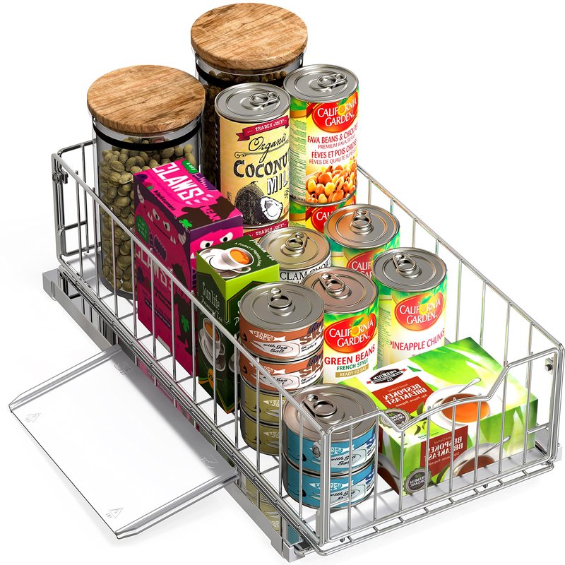 Simple Houseware Pull-Out Cabinet Sliding Basket Organizer, 17.2" D x 9.7" W x 5" H – Chrome Finished, Ideal for Kitchen and Bathroom Cabinet Storage, Under Sink or Pantry Organization