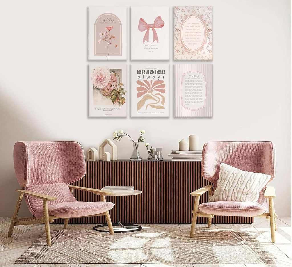 Skiennix 6Pcs Pink Christian Wall Art - Boho Floral Bible Verses Canvas Decor for Bedroom & Dorm