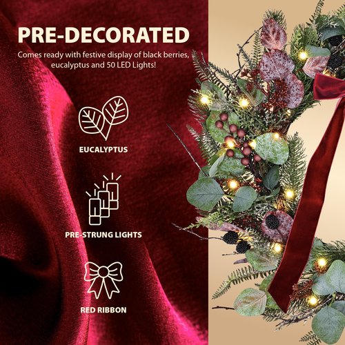 24 Inch Pre-Lit Artificial Christmas Wreath for Front Door Welcome - Realistic Frosted Eucalyptus Black Berries Red Velvet Bow - 50 LED Battery Operated Timer for Indoor Outdoor Modern Farmhouse
