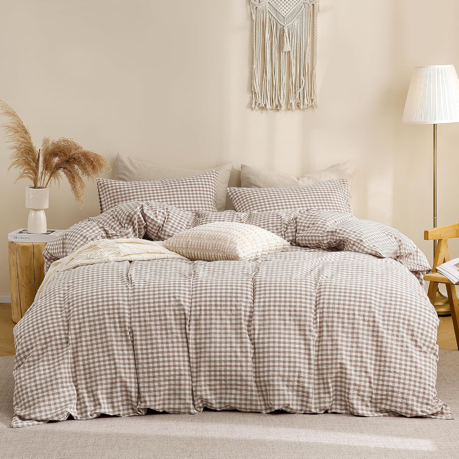 TOCOMOA Tan Gingham Duvet Cover Set - 100% Washed Cotton, Super Soft & Comfy | Queen Size (90"x90")