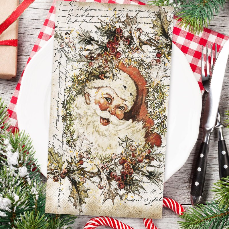 JarThenaAMCS 80Pcs Christmas Guest Napkins Vintage Santa Claus Disposable Paper Napkins Retro Dinner Hand Napkin for Winter Kitchen Bathroom