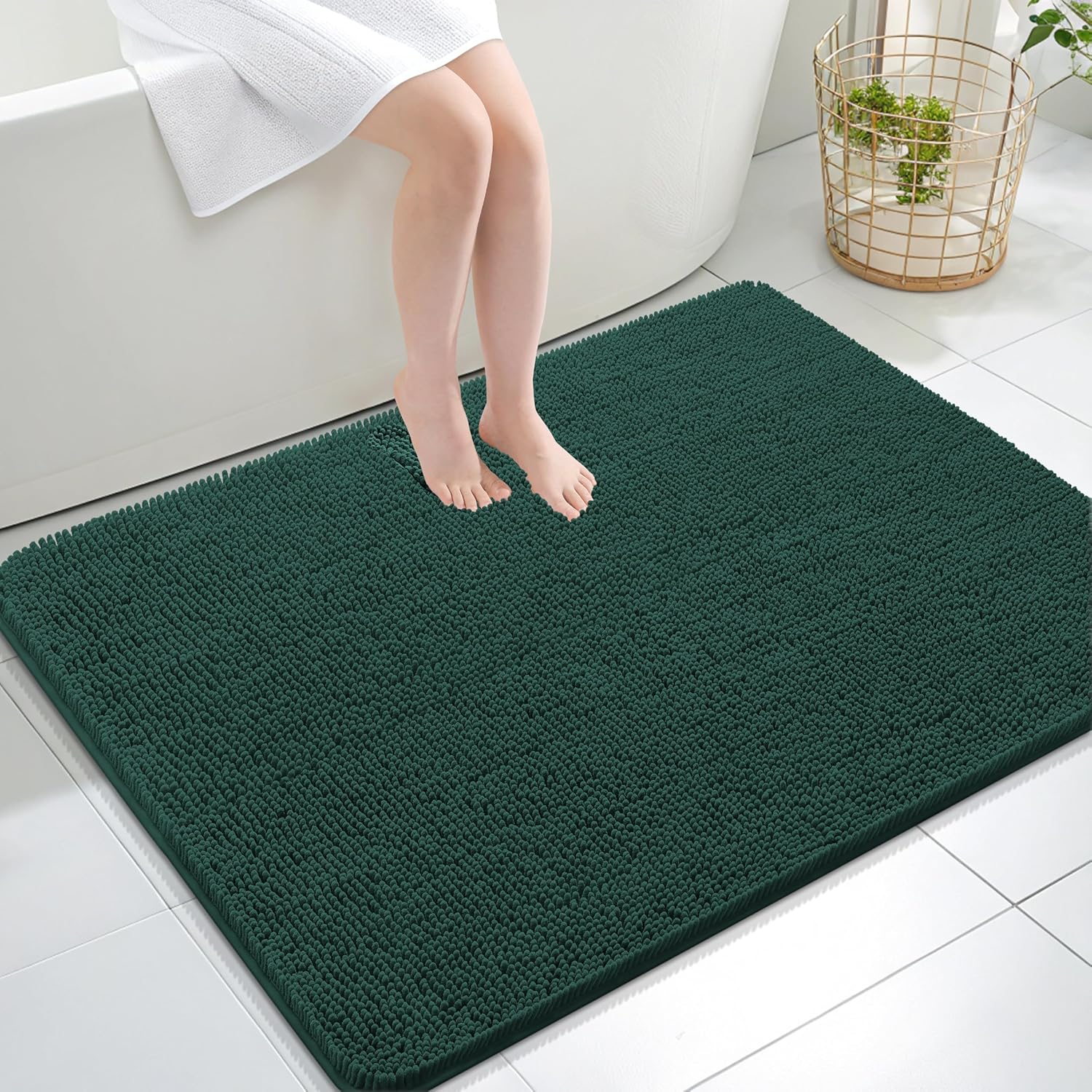 OLANLY Large Bath Rugs - Soft Absorbent Chenille with Quick Dry Rubber Backing | 40x32 Blackish Green