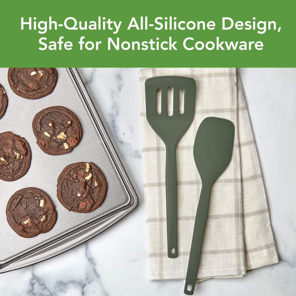 Tovolo Elements Silicone Spatula Turner Set Kitchen Utensils Heat Resistant 600F Easy Clean Dishwasher Safe Nonstick Spatula Turner Bundle Cookware for Cooking Baking Mixing Tools, Thyme Green