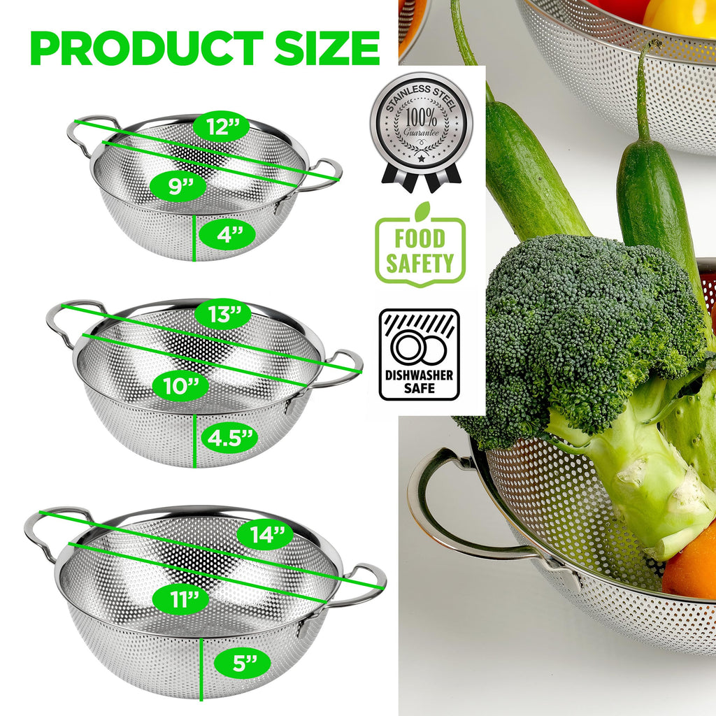 COMPORT K Premium 18/8 304 Stainless Steel Set of 3 – Micro-Perforated Strainers with Handles, Self-Draining Base for Pasta Vegetables Fruit, Heavy Duty (4, 6, 8 Qt) Made in Korea