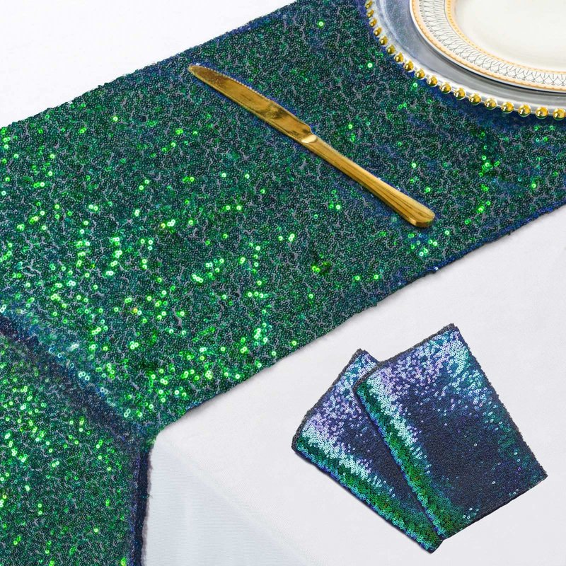 ShinyBeauty Iridescent Green Table Runner 2 Packs 12''x72'' Sequin Table Runners Sparkly Table Cover Overlay 72 Inches Sequence Fabric Table Cloth Runner for Party Graduation Engagement Decoration