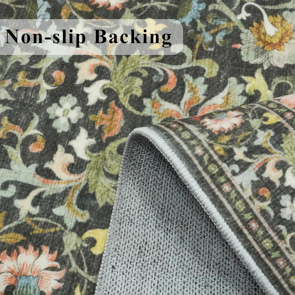 Skiennix Vintage Floral Hallway Runner Rug - Washable, Non-Slip, Water Resistant | 2x6 Green Soft Carpet for Living Room, Bedroom, Bathroom