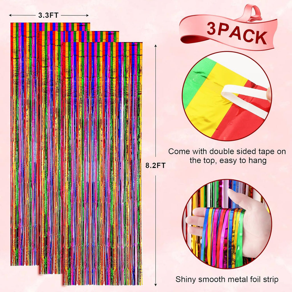 Voircoloria Rainbow Foil Fringe Backdrop Curtains - 3 Pack Tinsel Streamers for Parties | 3.3x8.2 Feet