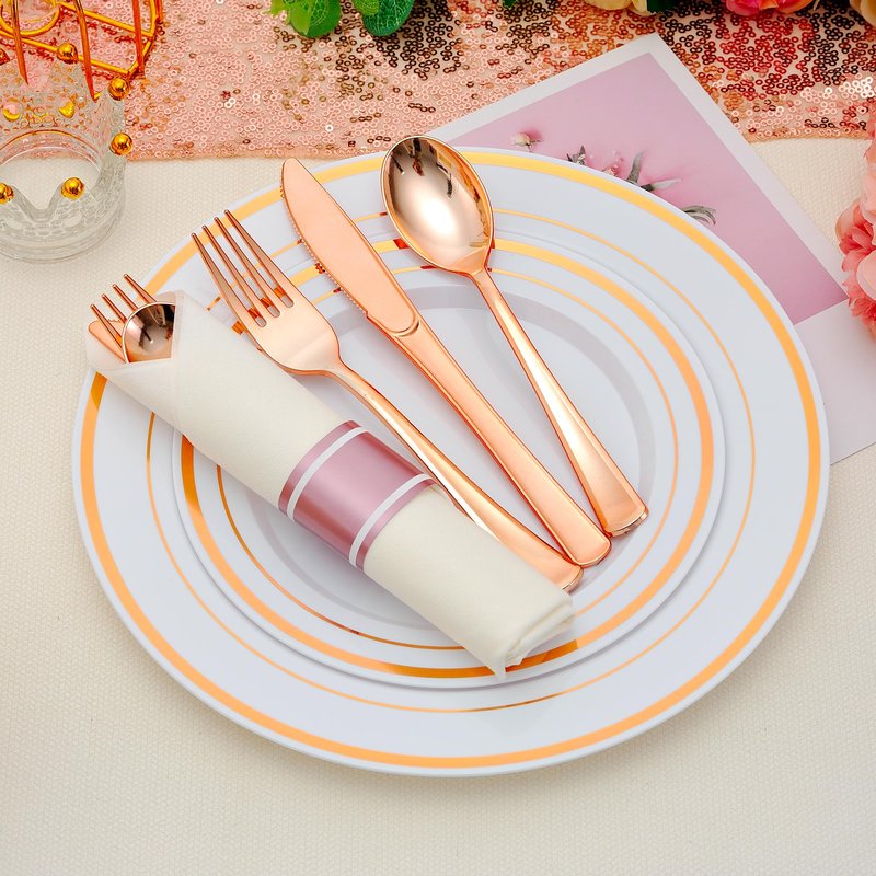 ISFANGCO 100 Pack Pre Rolled Rose Gold Plastic Silverware Set with Napkins,Disposable Wrapped Heavy Duty Cutlery Set for Wedding Birthday Party-100 Forks,Knives,Spoons,Utensils Set,Plasticware Bulk