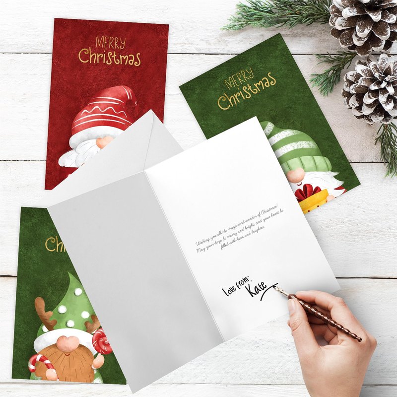 easykart labels 60 Christmas Gnome Cards with Envelopes & Sealing Stickers, 4 Christmas Theme Santa Designs With Gold Foling effect, 6.75" x 4.5" For Friends, Family and loved Ones