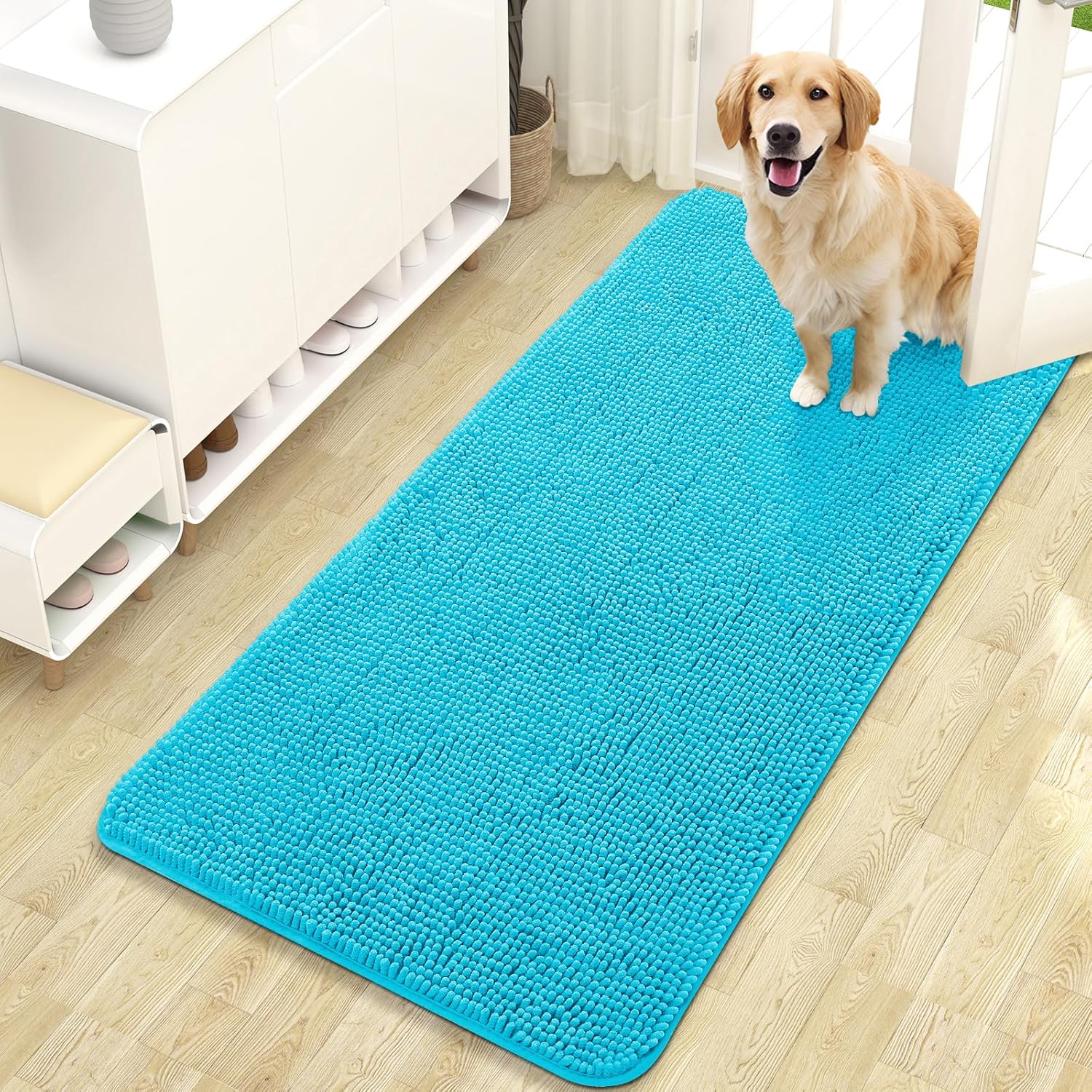 OLANLY Dog Door Mat - Absorbent Non-Slip Chenille for Muddy Paws | 47x24 Aqua Blue Quick Dry Doormat