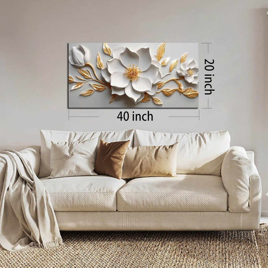Skiennix Canvas Wall Art - Large White and Gold Floral Artwork for Living Room & Office | 20x40 In