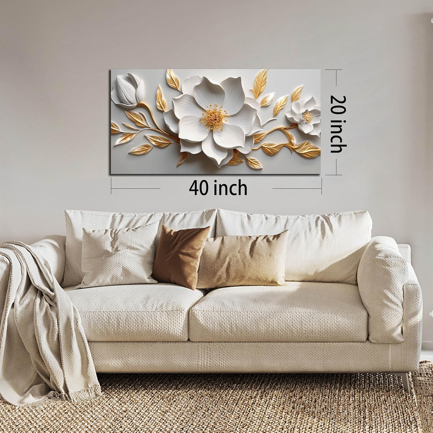 Skiennix Canvas Wall Art - Large White and Gold Floral Artwork for Living Room & Office | 20x40 In