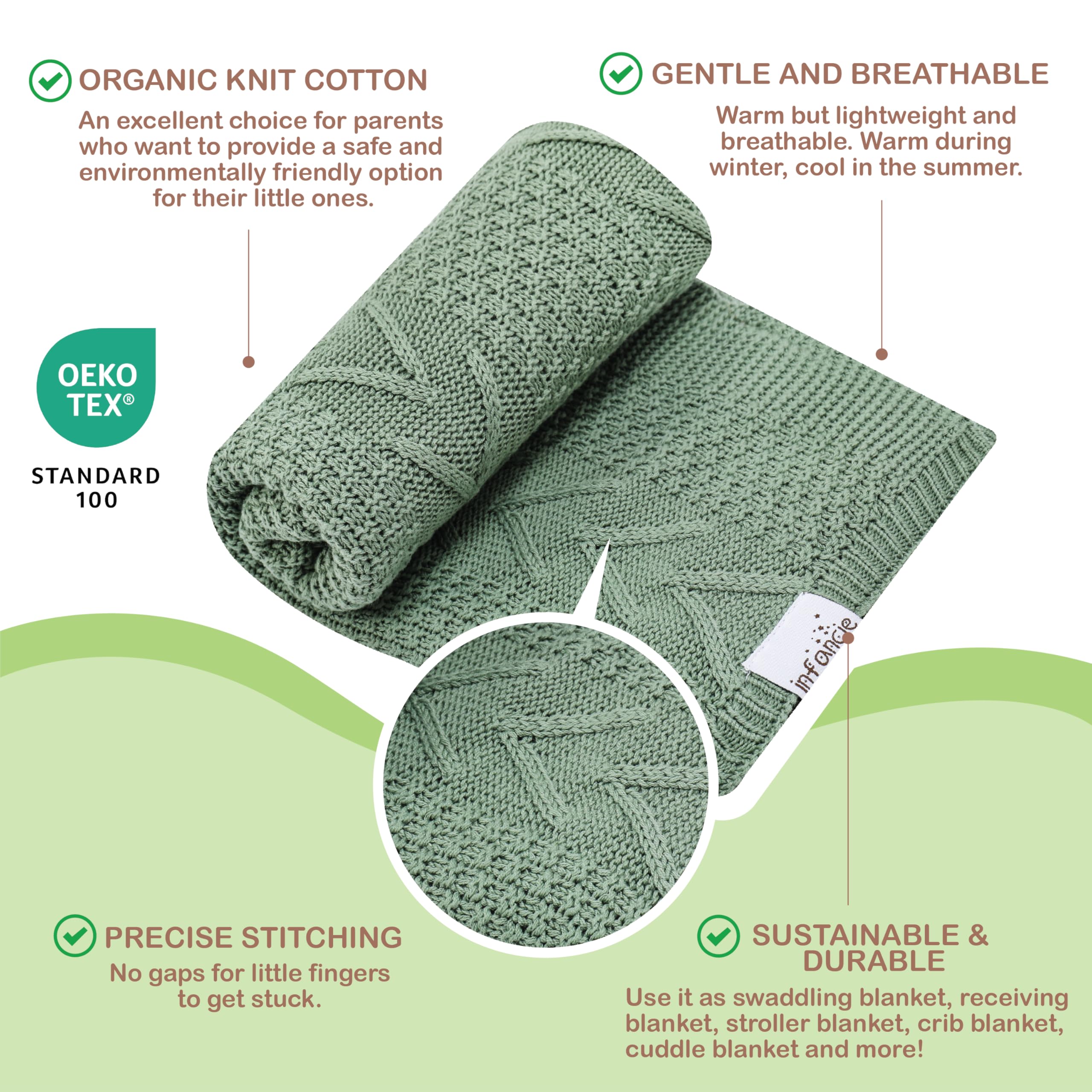 infancie Organic Cotton Knit Baby Blanket 31.5 X 43.3 Inches Soft Knitted and Breathable Baby Blanket for Boys and Girls Perfect Swaddle Baby Blankets for Boys & Girls, Infants Toddlers All Seasons