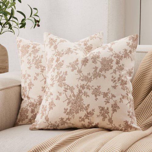 YZJZEDS 100% Cotton French Pastoral Throw Pillow Covers Set of 2, 22x22 Inch Brown Farmhouse Decorative Cushion Covers for Sofa Bed Living Room Home Decor