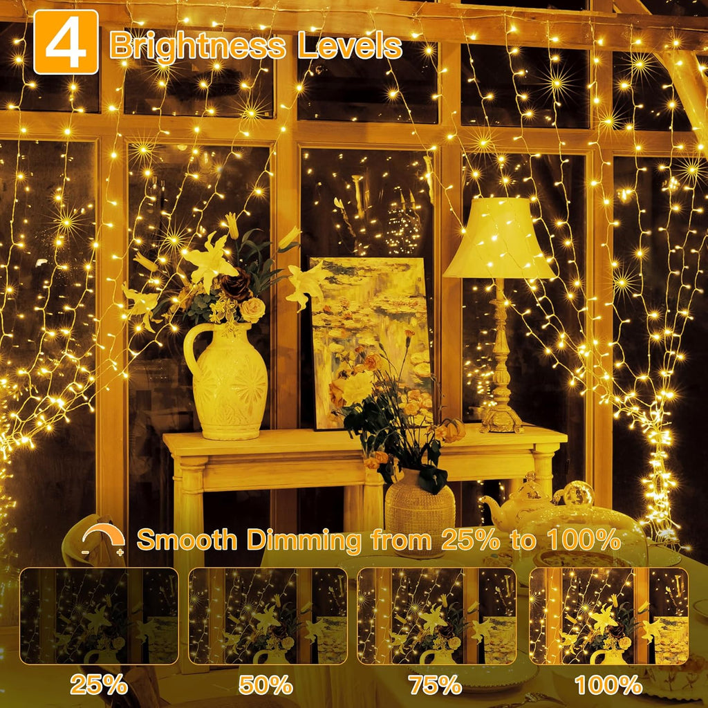 Ollny 200 LED Curtain Lights - 6.6x6.6ft Dimmable Fairy Lights with Remote & Timer | Warm White Indoor Decor